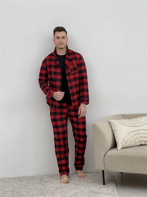 Mens Cozy Flannel Pajamas Pants T Shirt Shirt Checkered Red Black