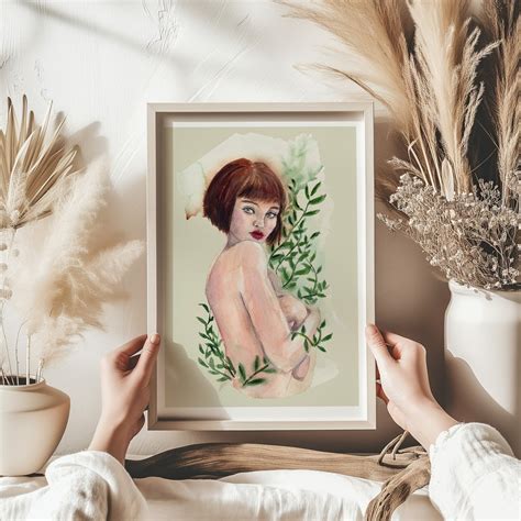 Botanical Nude Woman Wall Art Print Bedrrom Boho Chic Decor Green Leaf Watercolor Poster