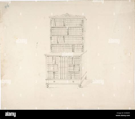 Design For A Two Tiered Book Cabinet With Turned Feet And Ornament