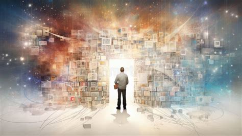 Man Contemplates An Expansive Cosmic Library Symbolizing The Infinite