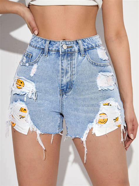 Ezwear Shorts Mezclilla Desgarro Bajo Crudo Con Estampado De Dibujos