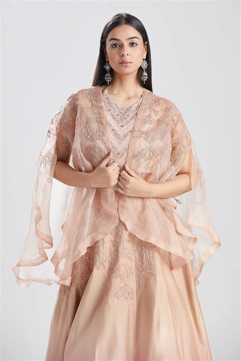 Buy Megha Bansal Pink Silk Organza Gulmohar Shazneen Cape Lehenga Set