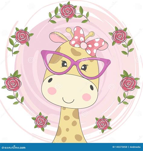 Adorable Face Cute Giraffe In Glasses And Pink Bow Isolated On Pink