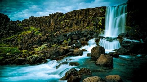 Wallpaper waterfall, stones, rocks, grass, nature hd, picture, image