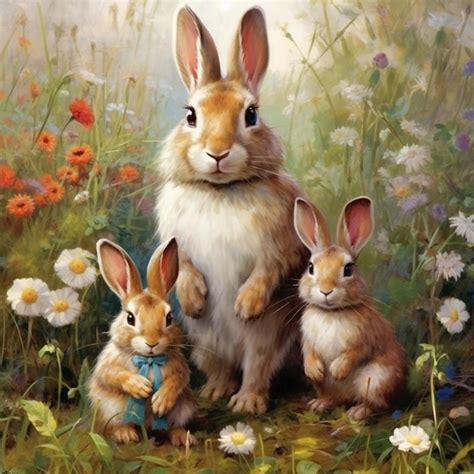 Premium Ai Image Painting Of Three Rabbits In A Field Of Flowers With