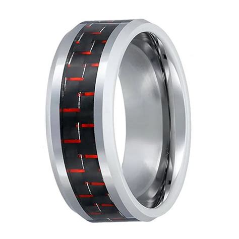 8MM Tungsten Ring Black And Red Carbon Fiber Inlay Silver Beveled Edge