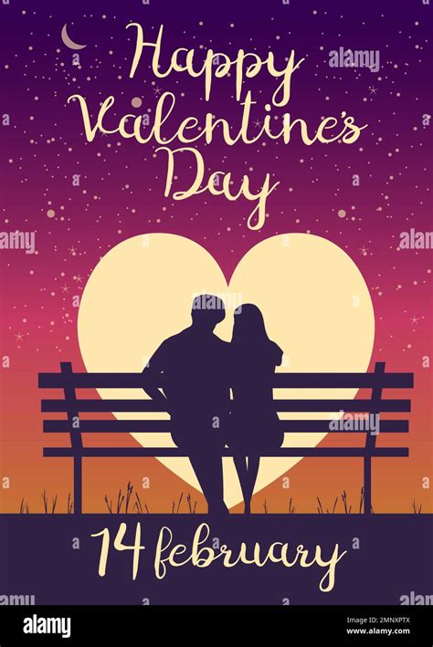 Happy Valentines Day Poster Retro Silhouette Loving Couple On The Bench At Night Stock Vector