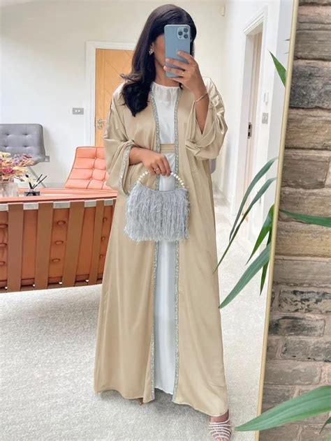 Eid Kimono Abaya De Sat N Liso Para Mujer Vestido Musulm N Abayas