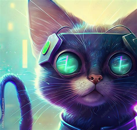 Futuristic cyber cat in cyberpunk style, Digital art style, illustration painting. Stock ...