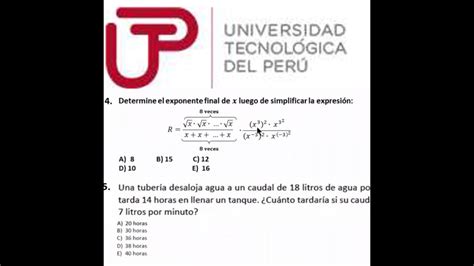 Simulacro De Examen De Admision Utp Ejercicios Tipo Clase