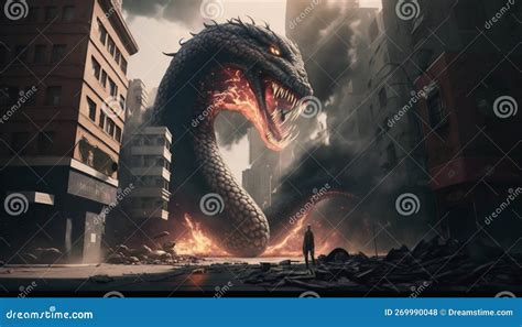 Serpiente Gigante Destruyendo Una Ciudad Stock de ilustración