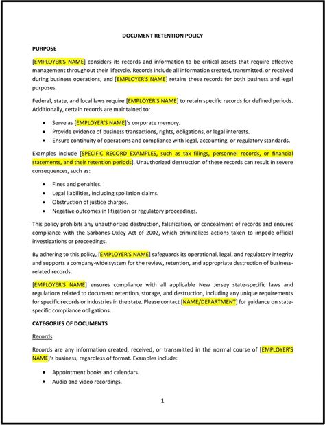 Document retention (New Jersey) policy: Free template