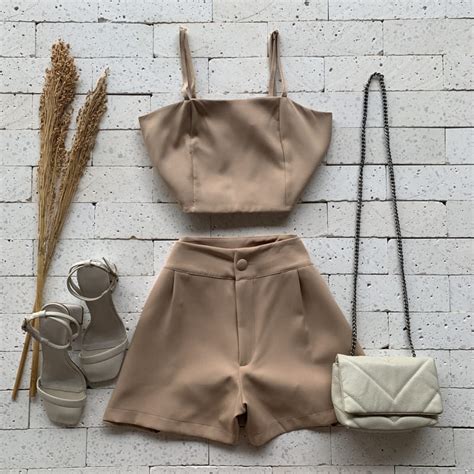 Conjunto Alfaiataria Luxo Top E Short Nude Dondoca Moda Feminina
