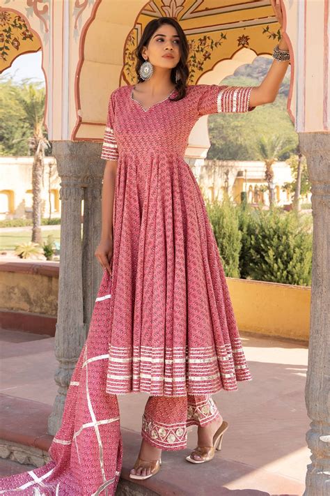 Buy Pink Cotton Embroidery And Print Gota Patti Rosewood Anarkali Set