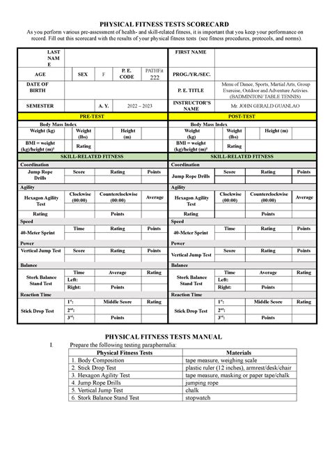 Physical Fitness Test Score Card Skill Related Fit Physical Fitness Tests Scorecard As You