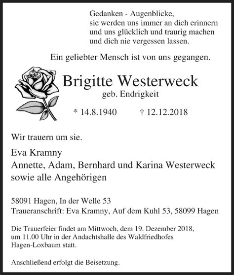 Traueranzeigen Von Brigitte Westerweck Trauer In Nrw De