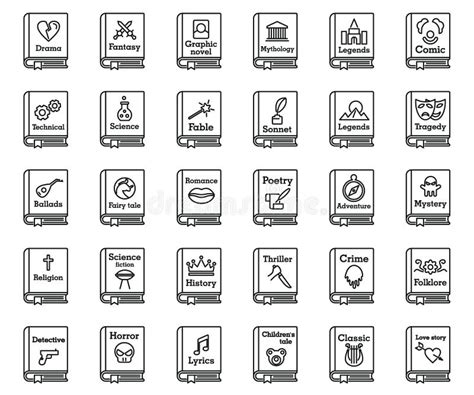 Literary Genres Line Design Style Icons Set Stock Vector