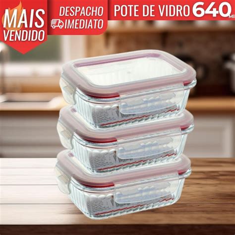 Kit 3 Pote de Vidro Hermético Canelado 640ml Marmita Fitness Freezer