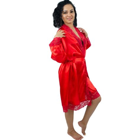 Robe Feminino Cetim C Renda Completo Manga Vermelho