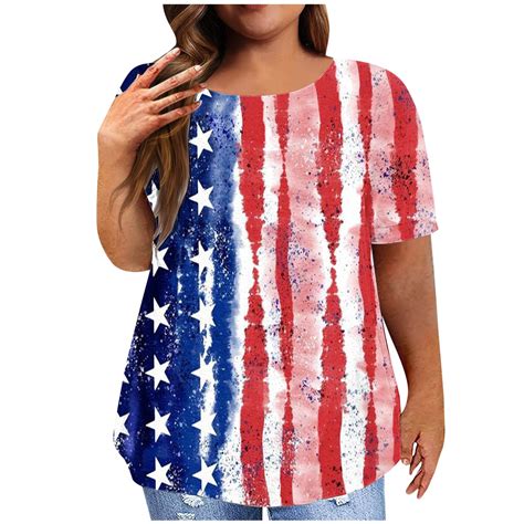 Brnmxoke Womens Plus Size American Flag T Shirts Women Patriotic Shirt