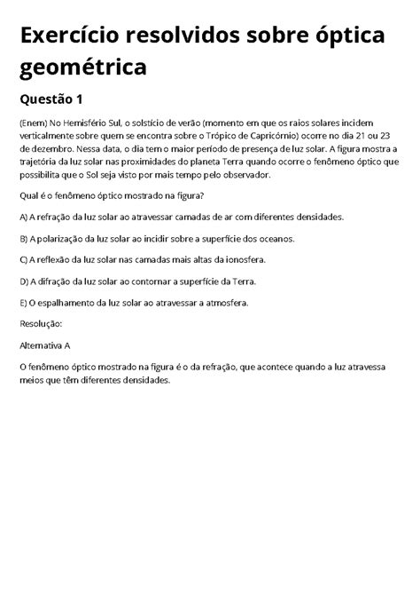 Exercícios resolvidos sobre óptica geométrica Questão 1 Exercício