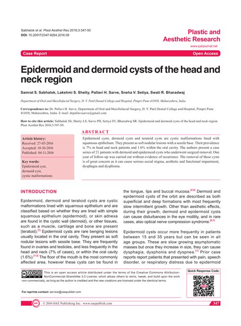 Pdf Epidermoid And Dermoid Cysts Of The Head And Neck Region