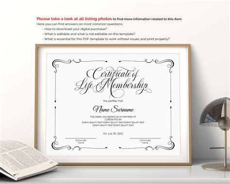 Life Membership Certificate Template Editable Printable - Etsy | Birth ...