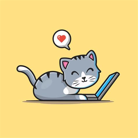 lindo gato trabajando en la ilustración del icono del vector de dibujos