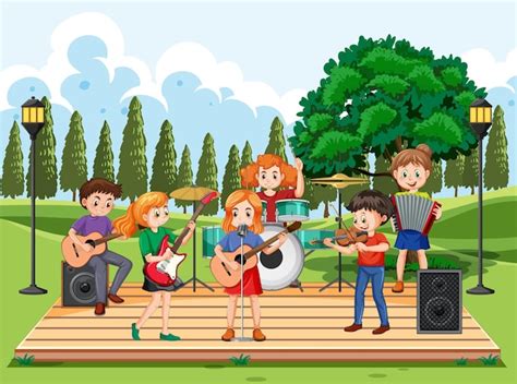 Niños tocando instrumentos musicales en el parque Vector Gratis