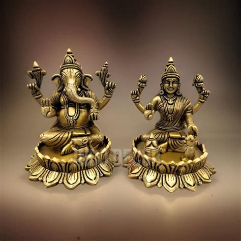 Brass Lakshmi Ganesh Statue Golden Finish Brass Lakshmi Ganesha Idol