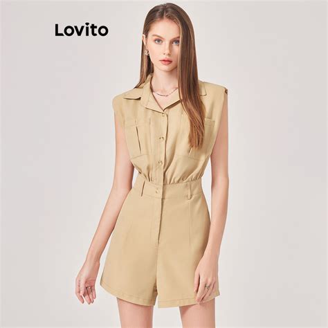 Lovito Casual Macacão Feminino Liso Plissado Bolso e Ombreiras