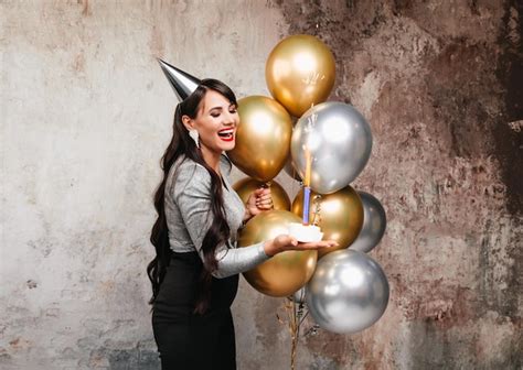Premium Photo Happy Birthday Sexy Brunette Posing With Balloons