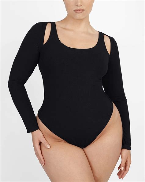 Cozy Ribbed Chic Cut Out Bodysuit V Neck Shapewear With Long Sleeves