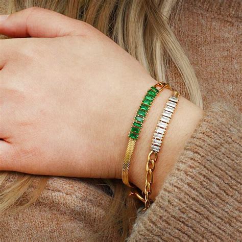 Triple Threat Bracelet Gold And Green Stainless Steel And Zirconia