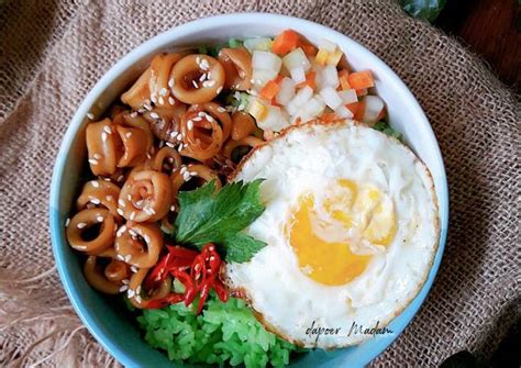 Resep [rice Bowl] Nasi Hijau Cumi Saus Tiram Oleh Dapoer Madam