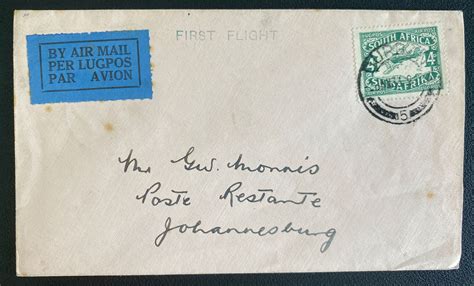 1933 Durban South Africa First Flight Airmail Cover To Johannesburg