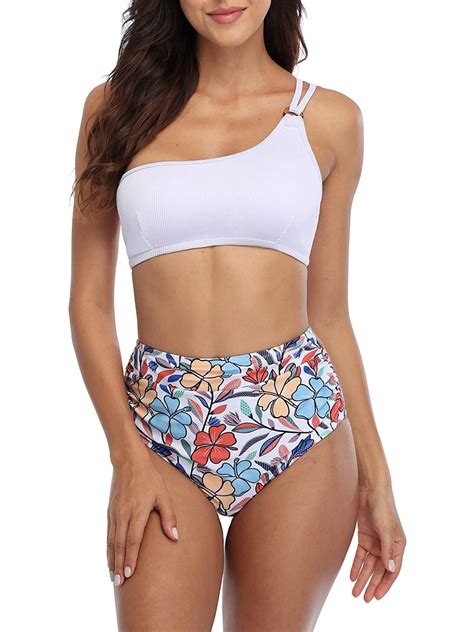 High Waist Swimsuits For Women One Shoulder Bikini Top Floral Print Two