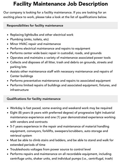 Facility Maintenance Job Description Velvet Jobs