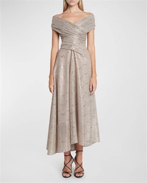 Talbot Runhof Metallic Sequin Voile Off The Shoulder Midi Dress In