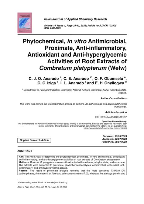 Pdf Phytochemical In Vitro Antimicrobial Proximate Anti