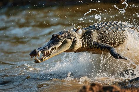 Premium Photo | A crocodile launching itself from the water to catch prey