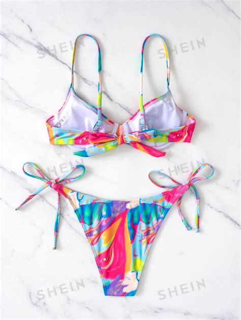 SHEIN Swim Summer Beach Colorful Bikini Set Underwire Bra Thong Bottom Piece Bathing Suit