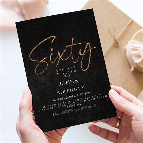 60th Birthday Invitation Sixty Invite Party Photo Invite Gold Sparkle Foil Digital Instant