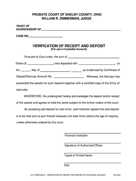 Fillable Online Verification Of Receipt And Deposit For Use In