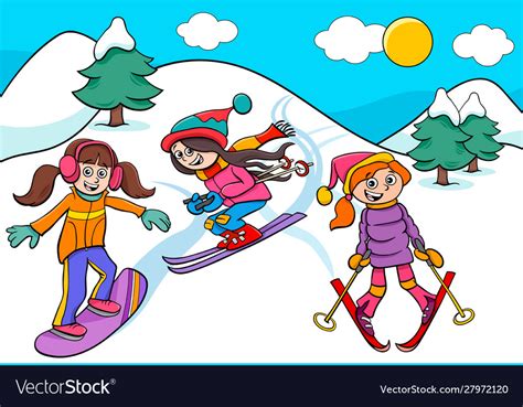 Snowboarding And Skiing Girls Cartoon Royalty Free Vector