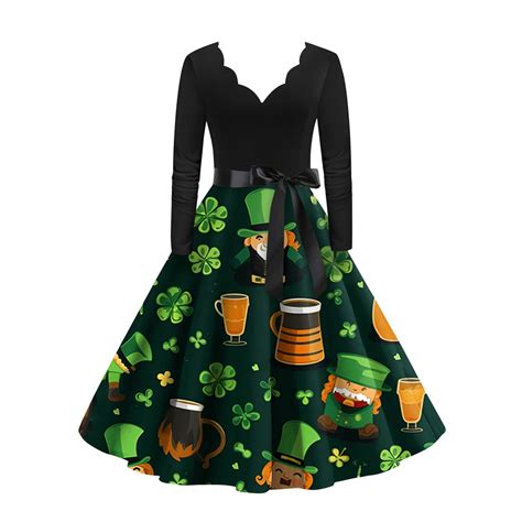 Dndkilg Womens St Patricks Day Dress Green Shamrock Clover Vintage V