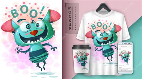 Lindo Póster De Monstruo Y Merchandising Vector Premium