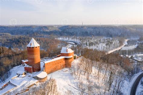 Panoramic Aerial Winter View Of Turaida Castle Its Reconstructed Yard