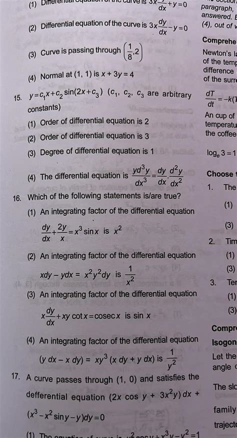 [answered] 1 Dx Dy 2 Differential Equation Of The Curve Is 3x Dx Y 0 3