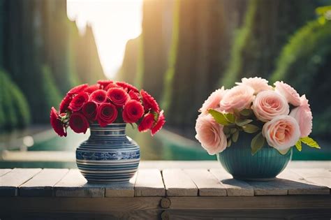 Premium Photo A Vase Of Roses With A Vase Of Red Roses On A Table